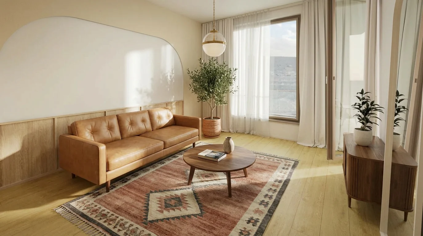 A mid-century modern living room with a tan leather sofa, round walnut coffee table and a muted rust geometric rug, the kind of room where Perplexity can price every piece against live listings before you commit
