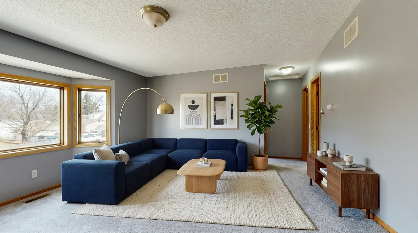A modern living room with a deep navy sectional sofa, light oak coffee table, brass arc floor lamp and a large fiddle-leaf fig, an AI render of a Perplexity-sourced shopping list visualized in a real room with MeltFlex