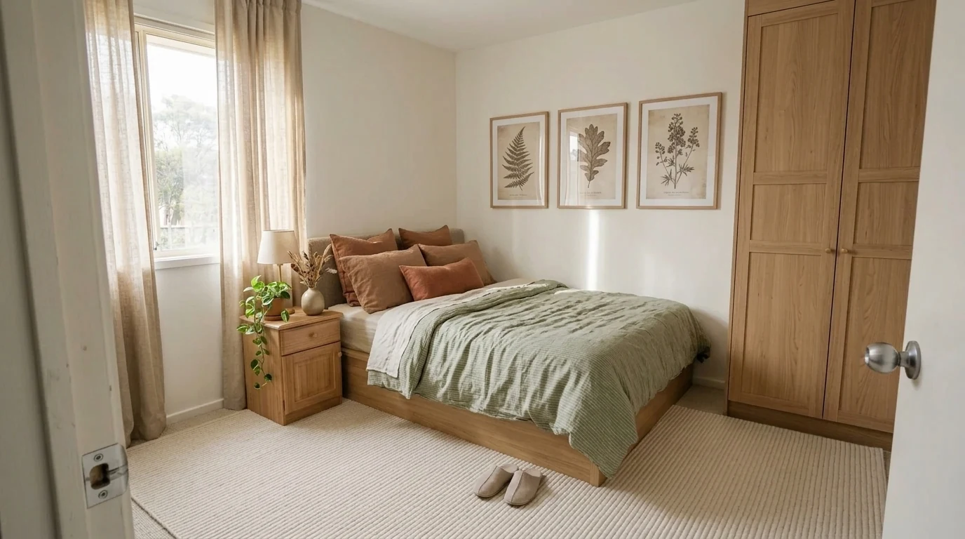 AI room decor prompt result, same bedroom with identical oak furniture but sage green bedding, botanical prints, a pothos plant, and oatmeal curtains