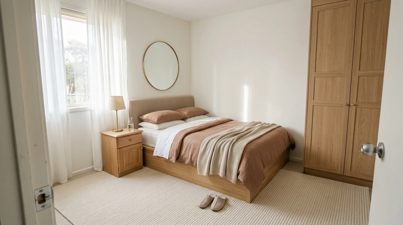 AI room makeover prompt result, same bedroom transformed with oak platform bed, layered linen bedding, oak wardrobe, and sheer curtains, window and door in the same position