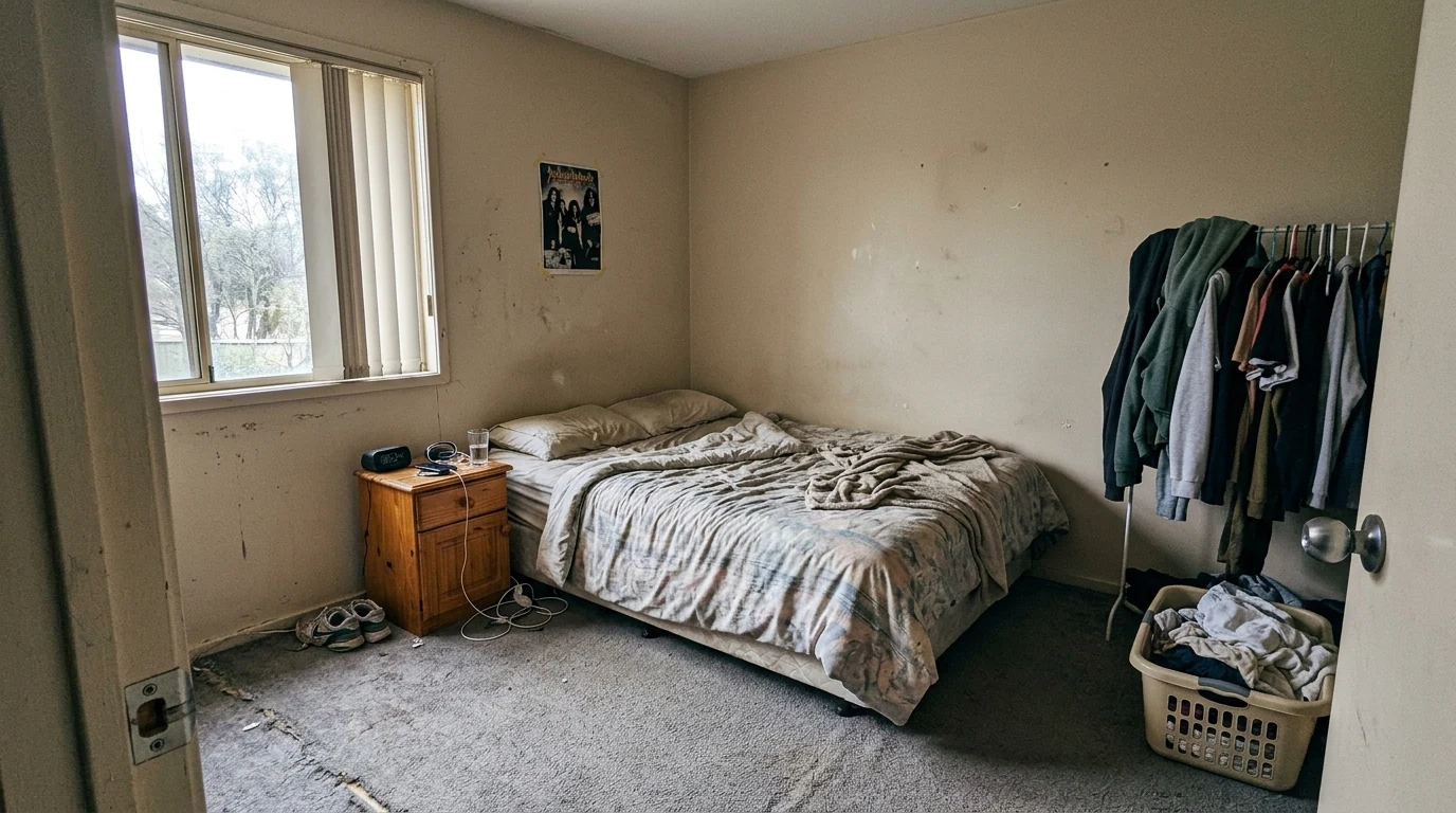 Before photo for an AI room makeover prompt, dated bedroom with mismatched bedding, worn carpet, a clothes rack in the corner, and vertical blinds