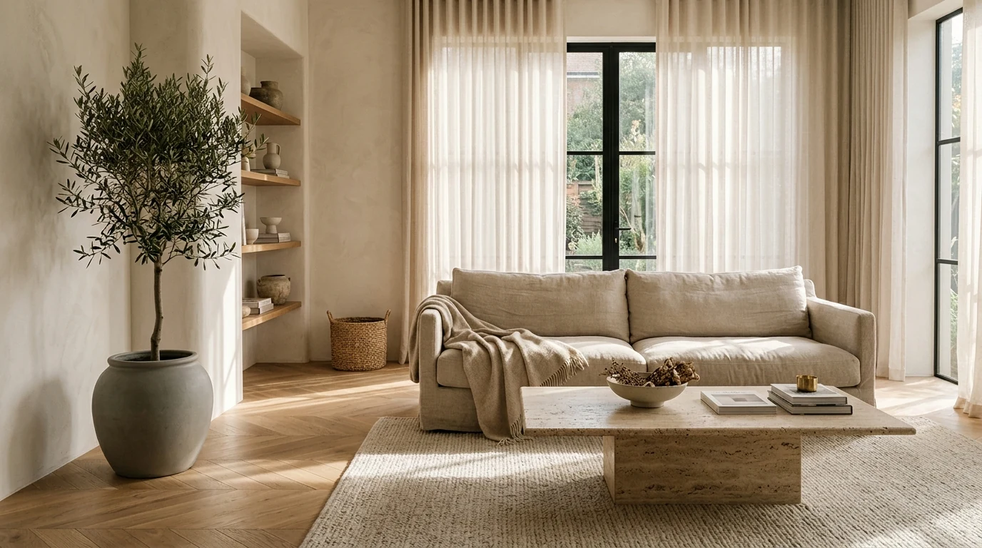Photorealistic AI interior render prompt result, warm contemporary living room with linen sofa, travertine table, olive tree, and raking afternoon sunlight