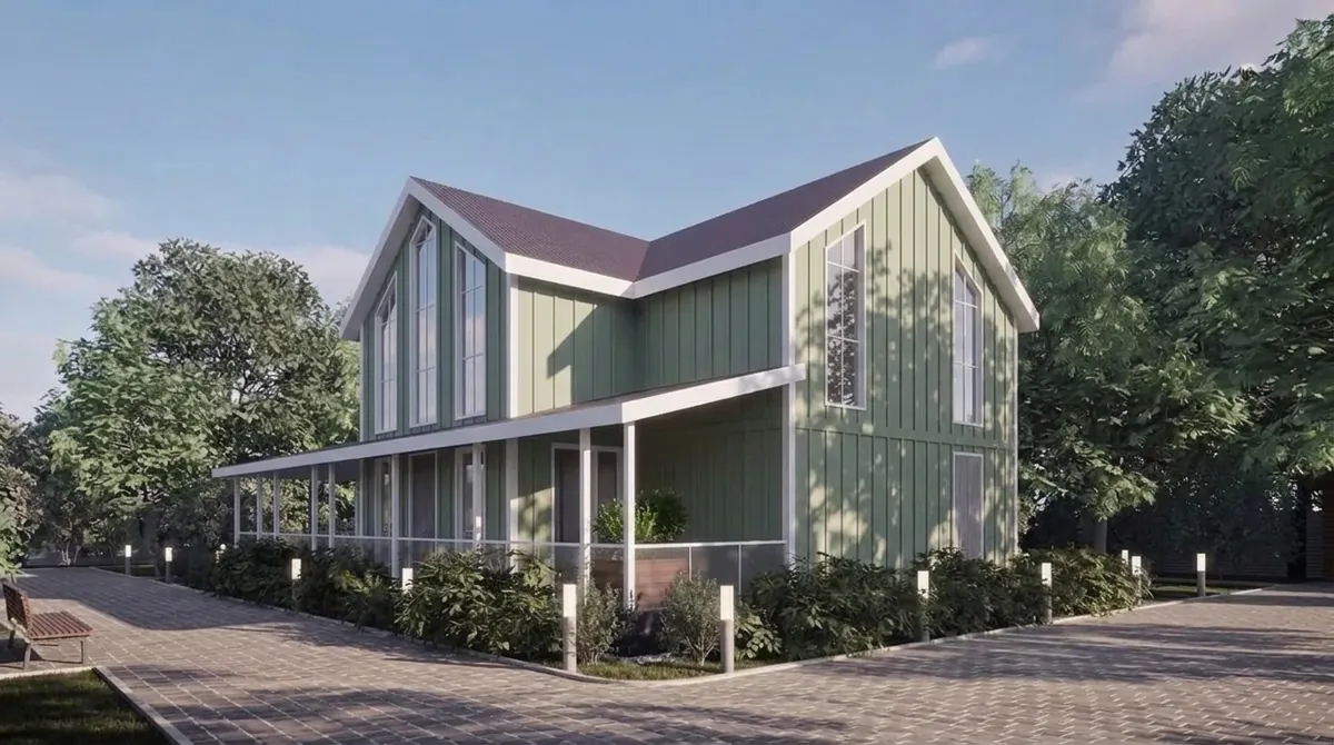 The same house re-clad in sage green board and batten siding with white trim, white fascia and a white porch, everything else unchanged