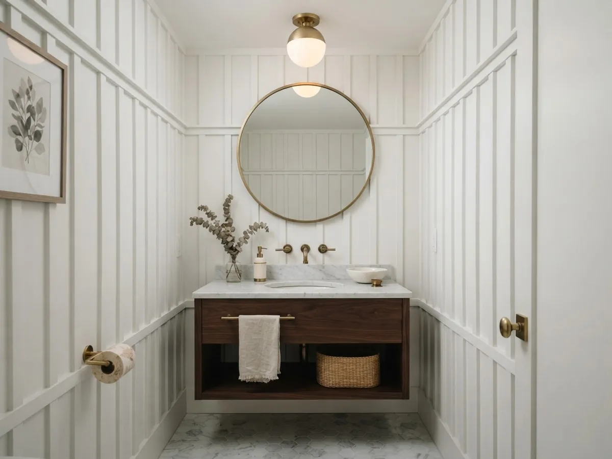 Powder room with full height white board and batten on every wall, a floating dark wood vanity, round brass mirror and marble hexagon floor