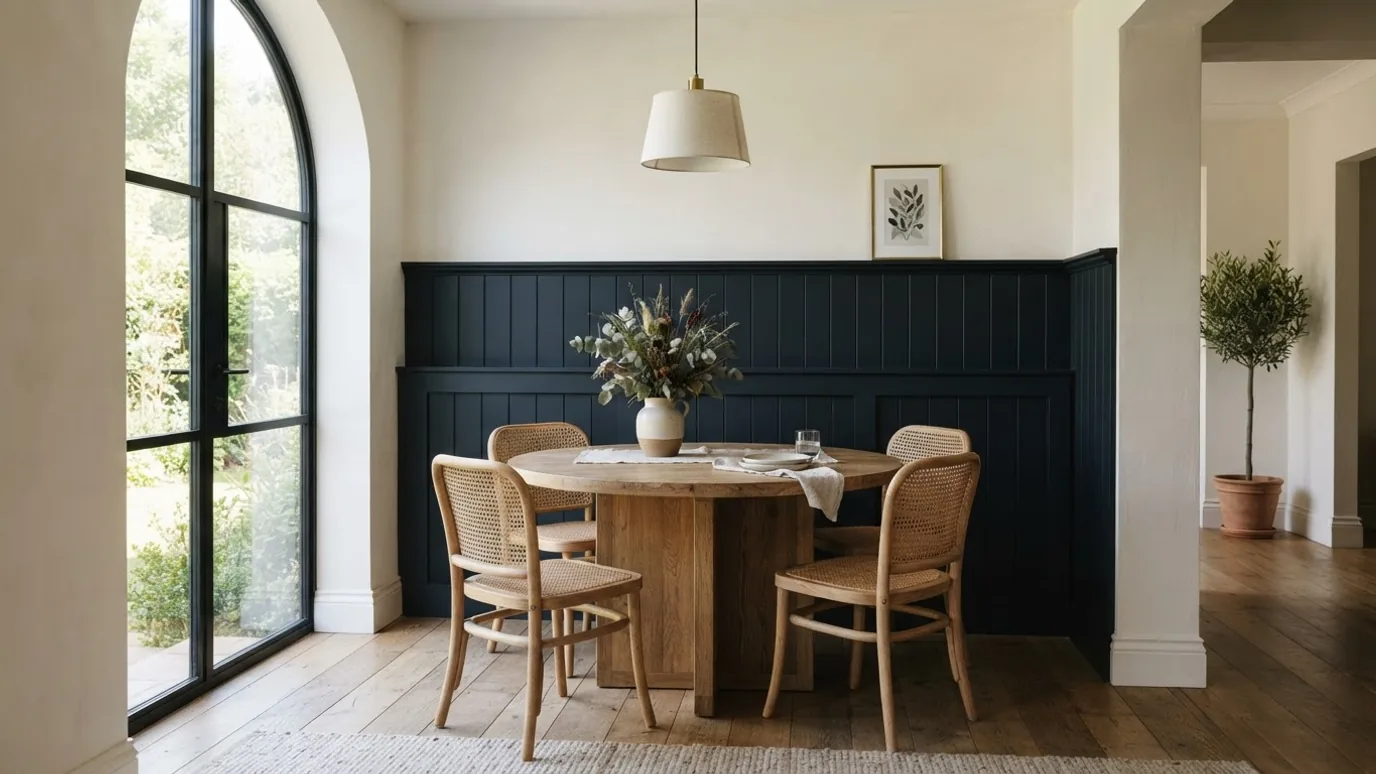 Dining nook with deep navy board and batten at chair rail height under a plain cream wall, oak table and rattan chairs