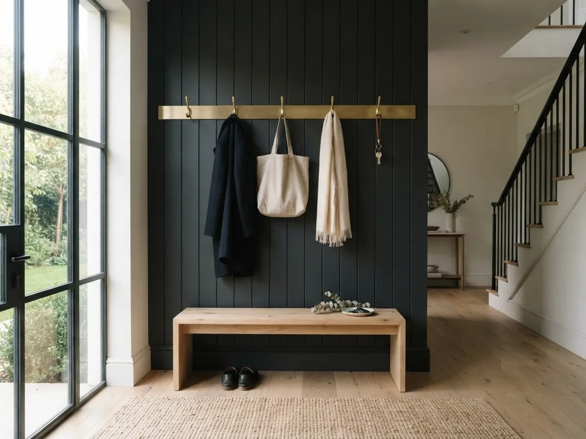 Entry hallway with charcoal board and batten running full height, a brass hook rail at shoulder height and a pale oak bench below