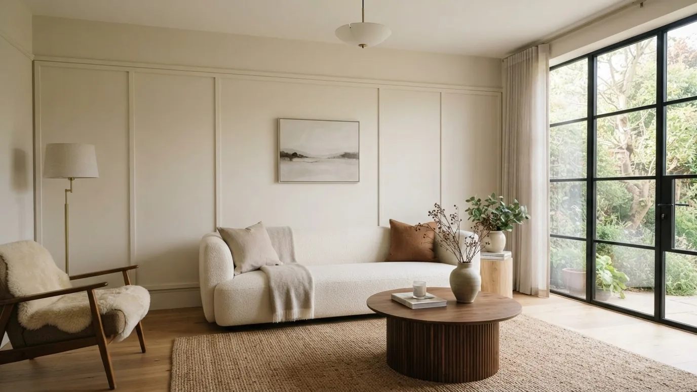 Living room with full height board and batten behind a cream boucle sofa, wide flat panels separated by slim battens painted warm off white