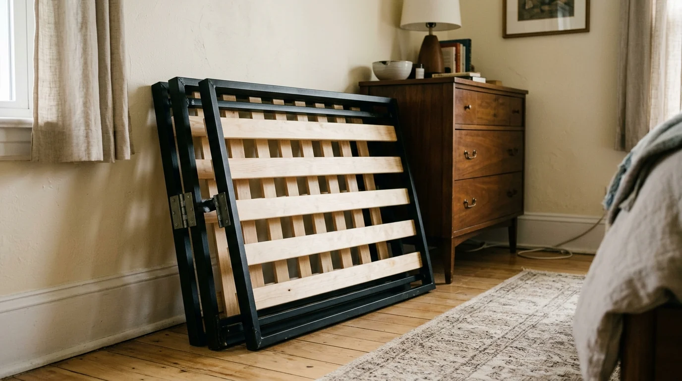 Folding metal bed foundation hinged in the middle, half-unfolded in a bedroom next to a leaning queen mattress