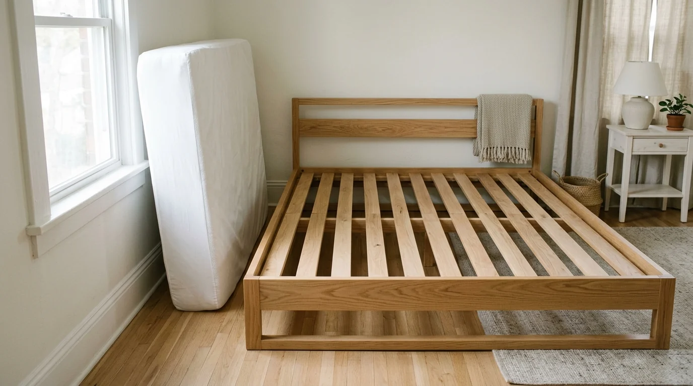 Modern queen platform bed with wide wooden slats and a low oak frame in a bright bedroom, mattress leaning against the wall beside it