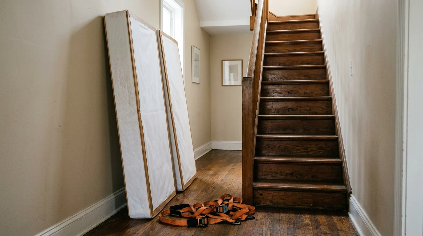 Two narrow halves of a split queen box spring leaning in an apartment hallway beside a staircase, each half slim enough to carry alone