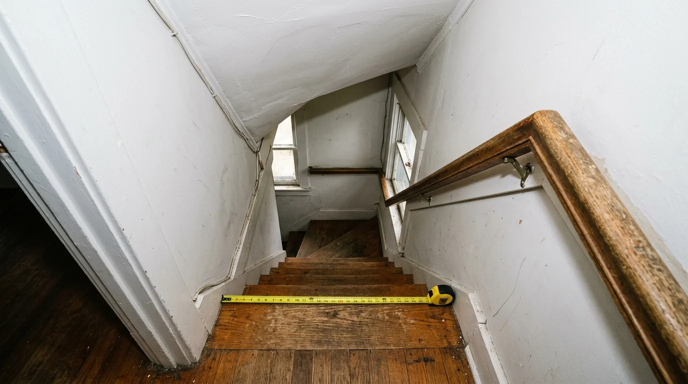 Narrow residential stairwell with a 90 degree half-landing turn, tape measure across the stair width showing the tight clearance