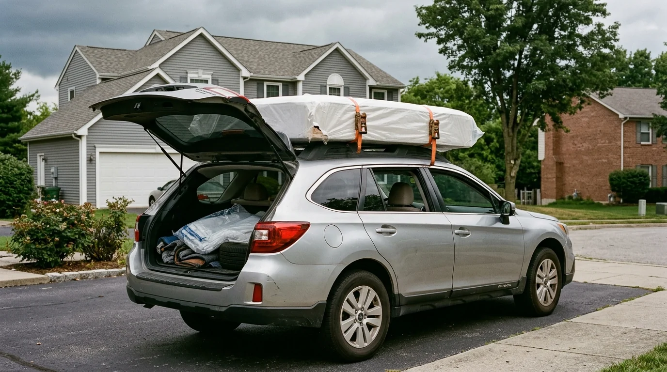 One-piece queen box spring strapped flat to the roof rack of a mid-size SUV in a suburban driveway