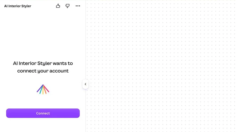 AI Interior Styler panel inside the Canva editor showing AI Interior Styler wants to connect your account with a Connect button