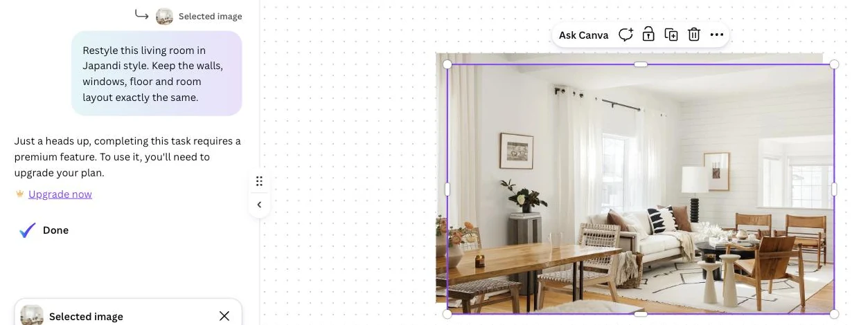 Canva AI panel on a free account answering a Japandi restyle request for a living room photo with the message that it requires a premium feature and an Upgrade now link