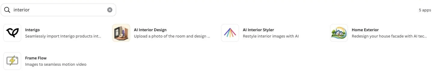 Canva app store search for interior on 24 September 2026 showing five apps: Interigo, AI Interior Design, AI Interior Styler, Home Exterior and Frame Flow
