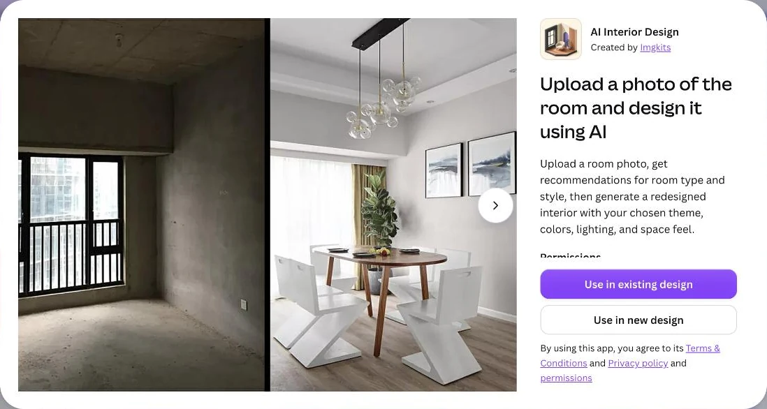 Canva app listing for AI Interior Design created by Imgkits, with a before and after of a concrete room redesigned as a dining room