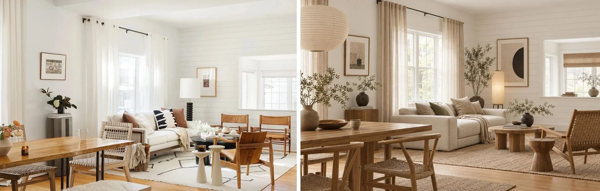 Furnished white living and dining room with shiplap next to the MeltFlex Japandi redesign, with a paper lantern, oak dining table and linen sofa, but the camera moved closer and to the left