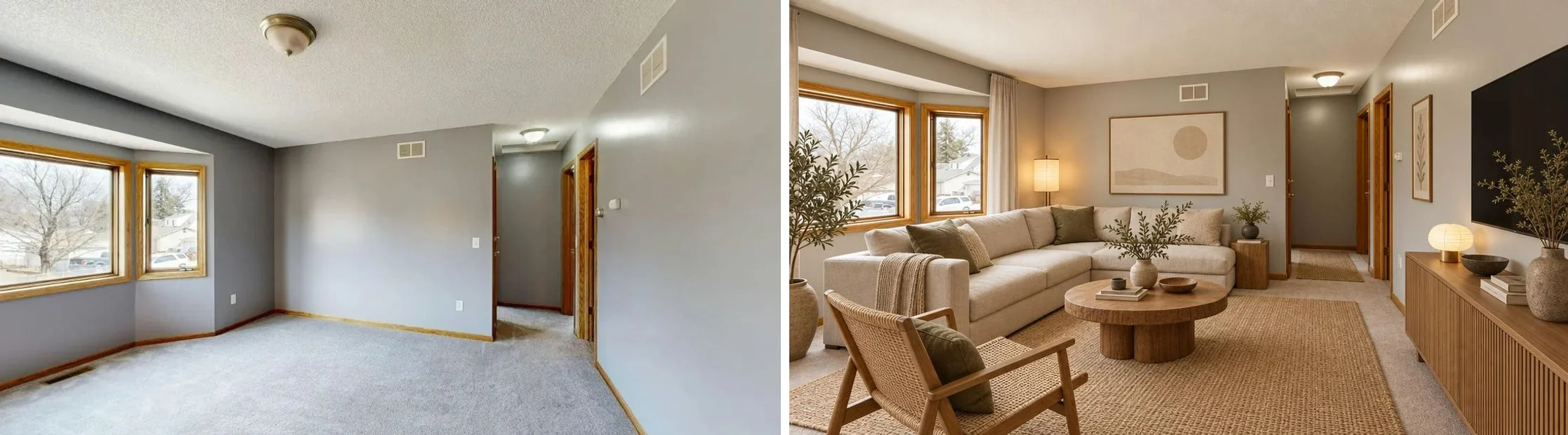 Empty carpeted living room with a bay window next to the MeltFlex virtually staged version in Japandi style with a sectional sofa, jute rug and oak furniture, windows, doors, vents and hallway unchanged