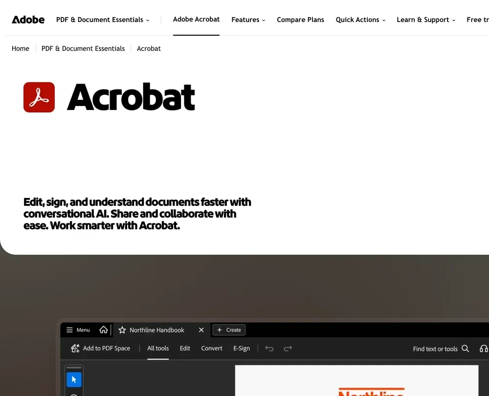 The Adobe Acrobat page with the Acrobat logo and the line Edit, sign, and understand documents faster with conversational AI, above a screenshot of the Acrobat app
