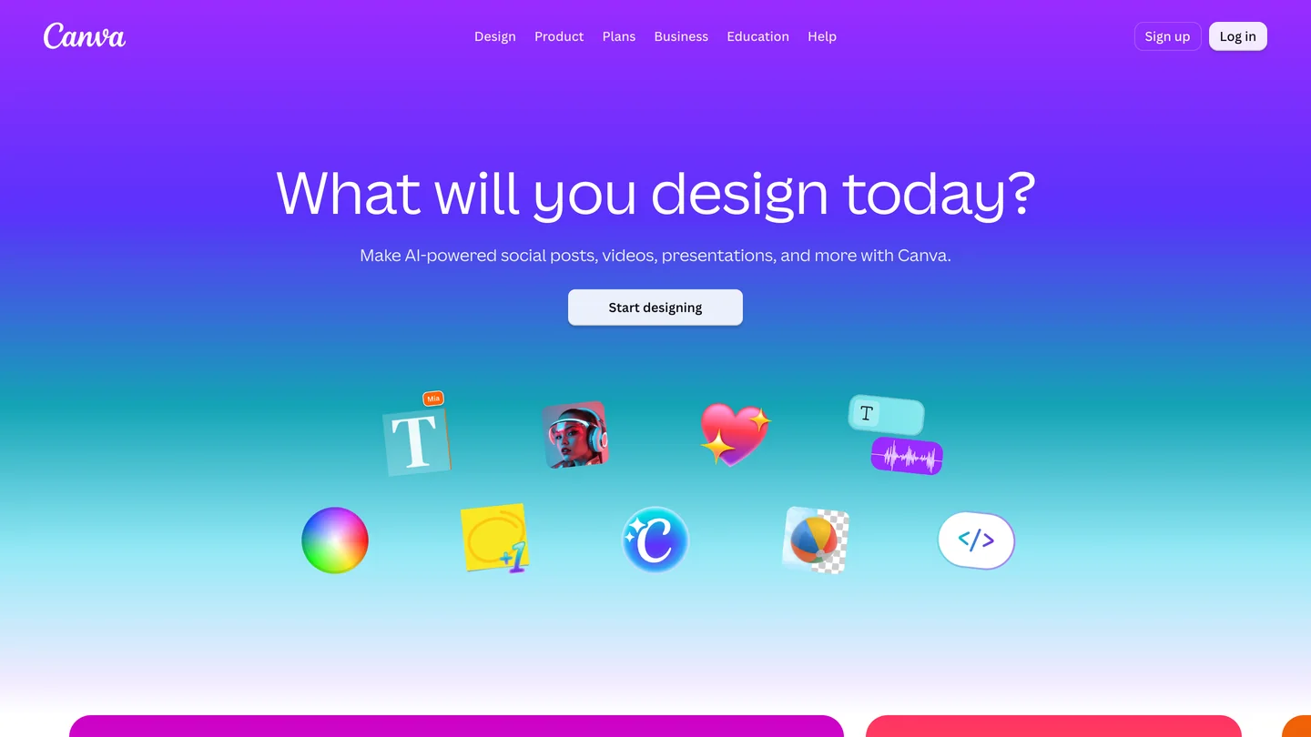 The Canva homepage with the headline What will you design today?, the line Make AI-powered social posts, videos, presentations, and more with Canva, and a Start designing button over a purple to blue gradient