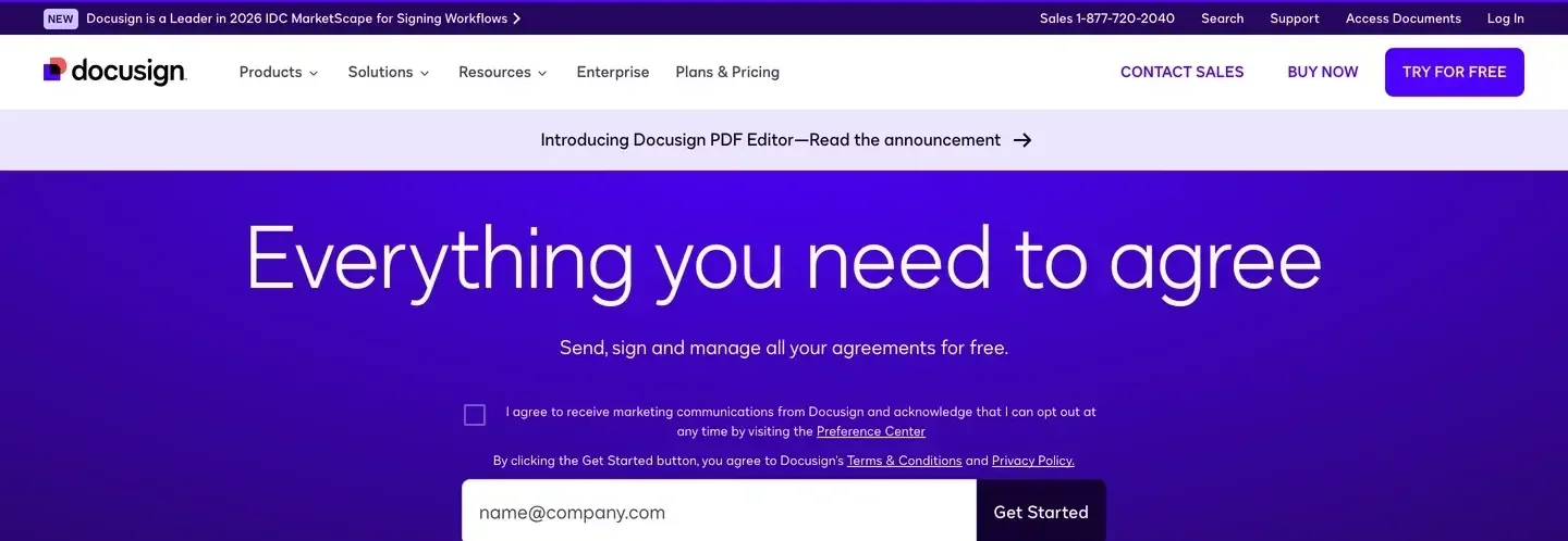The Docusign homepage with the headline Everything you need to agree, the line Send, sign and manage all your agreements for free, and an email field with a Get Started button on a purple background