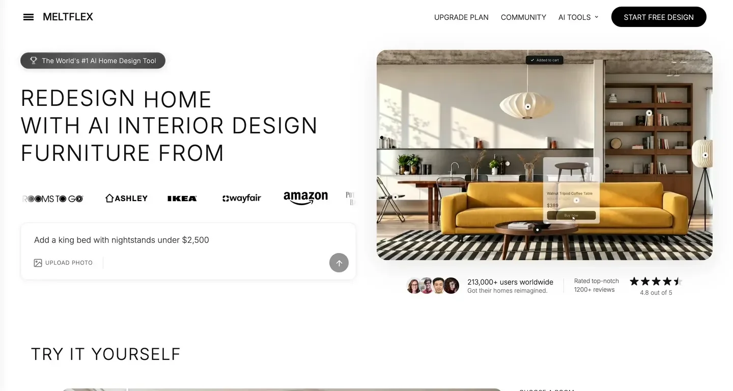 The MeltFlex homepage with the headline Redesign home with AI interior design, furniture from, logos of Rooms To Go, Ashley, IKEA, Wayfair and Amazon, a prompt box with an Upload photo button and a render of a living room with a yellow sofa