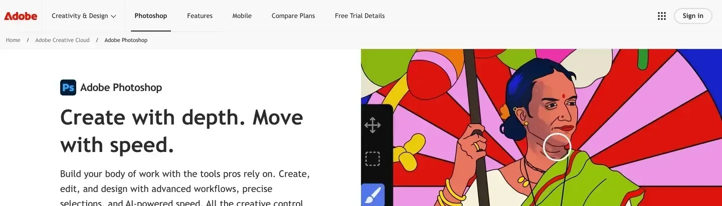 The Adobe Photoshop product page with the headline Create with depth. Move with speed. beside a colorful illustration being edited with Photoshop tools