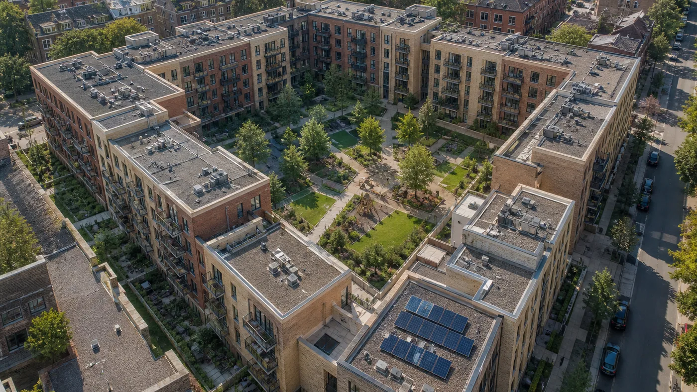 Aerial AI render of a perimeter courtyard housing block with a planted communal garden, green roofs and solar panels, drawn by gpt-image-2, the generation ChatGPT Images 2.5 replaces