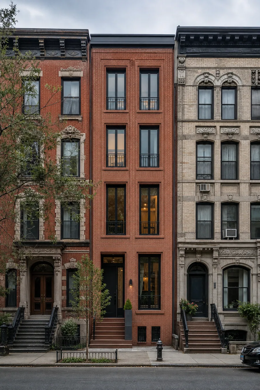 AI render of a contemporary brick infill townhouse slotted between two older masonry townhouses on a city street, drawn by gpt-image-2, the generation ChatGPT Images 2.5 replaces