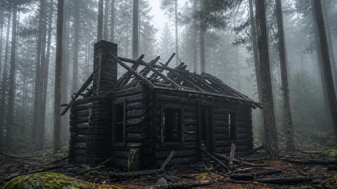 AI render of a burnt-out collapsed log cabin in a foggy pine forest, the result of the prompt rewrite misreading charred timber as fire damage
