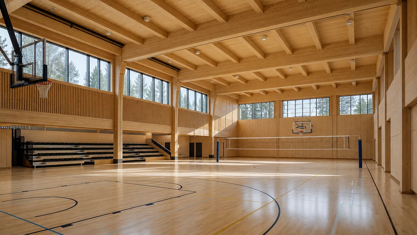 AI render of a cross-laminated timber sports hall interior with exposed glulam beams, clerestory glazing and a sprung timber floor, drawn by gpt-image-2, the generation ChatGPT Images 2.5 replaces