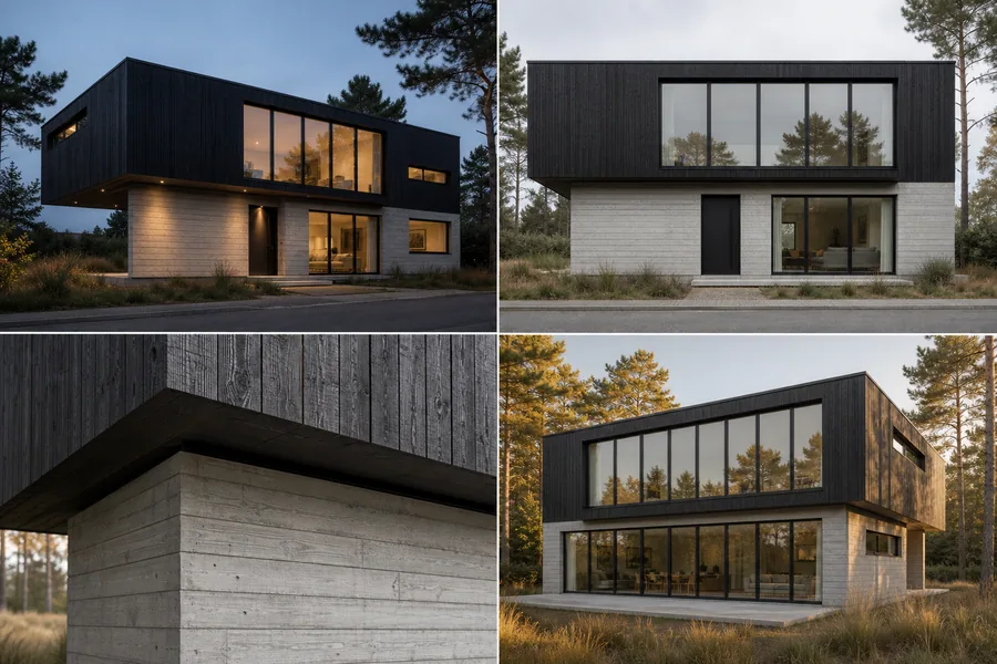 A 2 by 2 contact sheet of four views of the same concrete and blackened timber house, drawn in a single pass