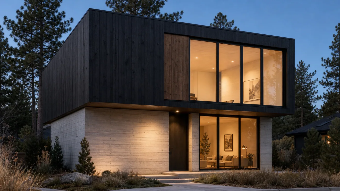 Photorealistic AI render of a two-storey house with a board-formed concrete ground floor and cantilevered blackened-timber upper volume, glowing at dusk among pine trees
