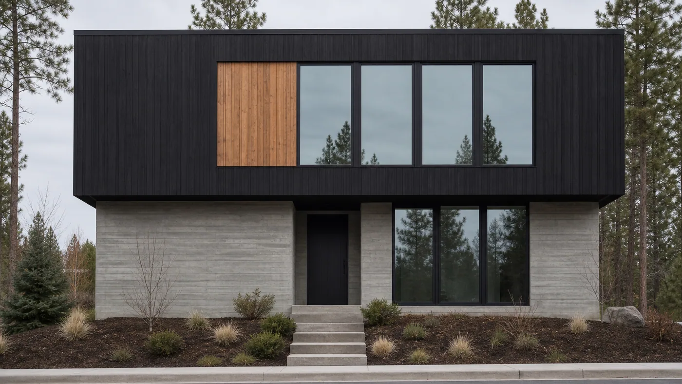 Straight-on AI render of the front elevation of a concrete and blackened timber house under flat overcast documentation light, drawn by gpt-image-2, the generation ChatGPT Images 2.5 replaces