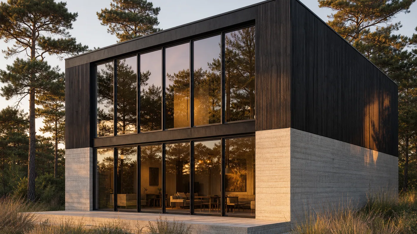 AI render of a house with a mono-pitch roof and double-height glazing at golden hour, showing the drift from the flat-roofed design in the other three views