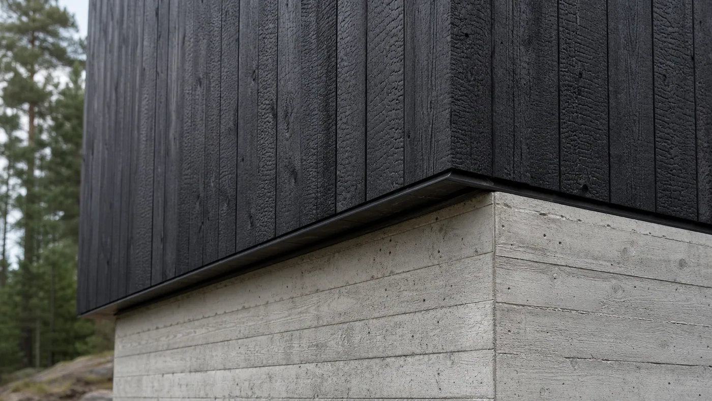 Close-up AI render of the junction between blackened timber cladding and board-formed concrete with a shadow gap, drawn by gpt-image-2, the generation ChatGPT Images 2.5 replaces