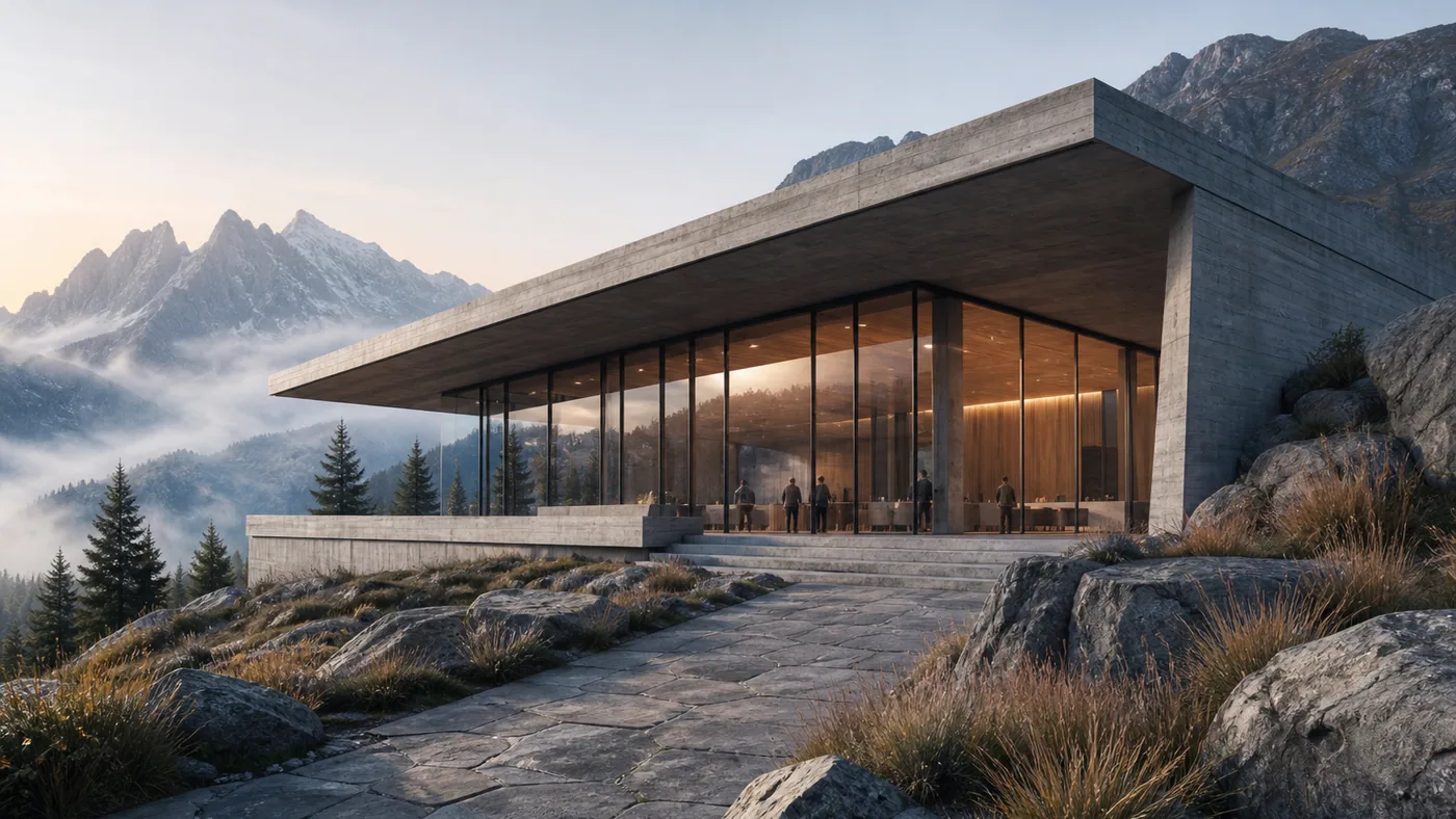 Photorealistic AI render of a concrete and glass mountain visitor centre with a deep cantilevered roof above a rocky landscape at dawn