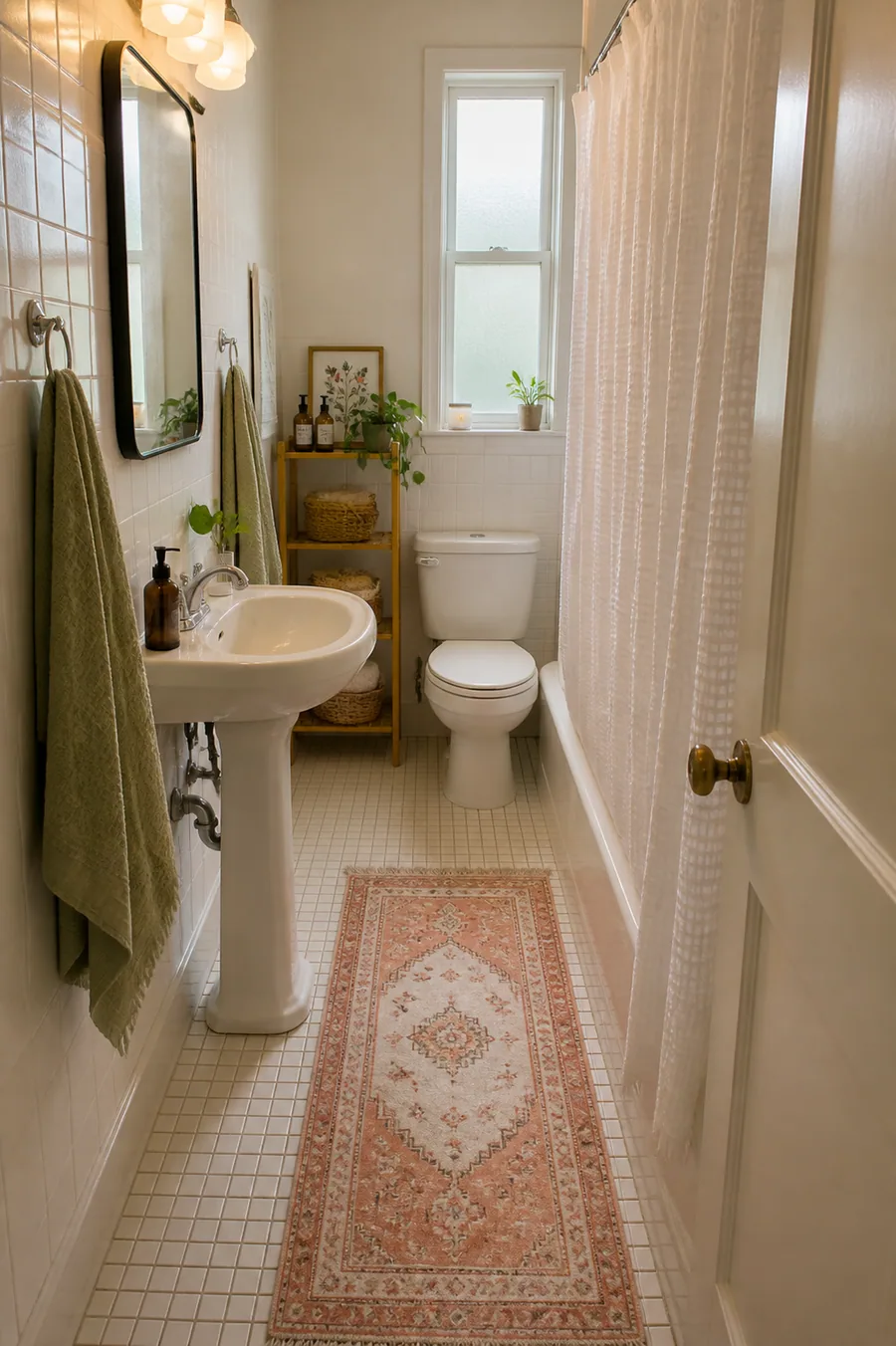 AI render of a narrow rental bathroom refreshed with a round mirror, warm lighting and a runner rug over existing white tiles, drawn by gpt-image-2, the generation ChatGPT Images 2.5 replaces