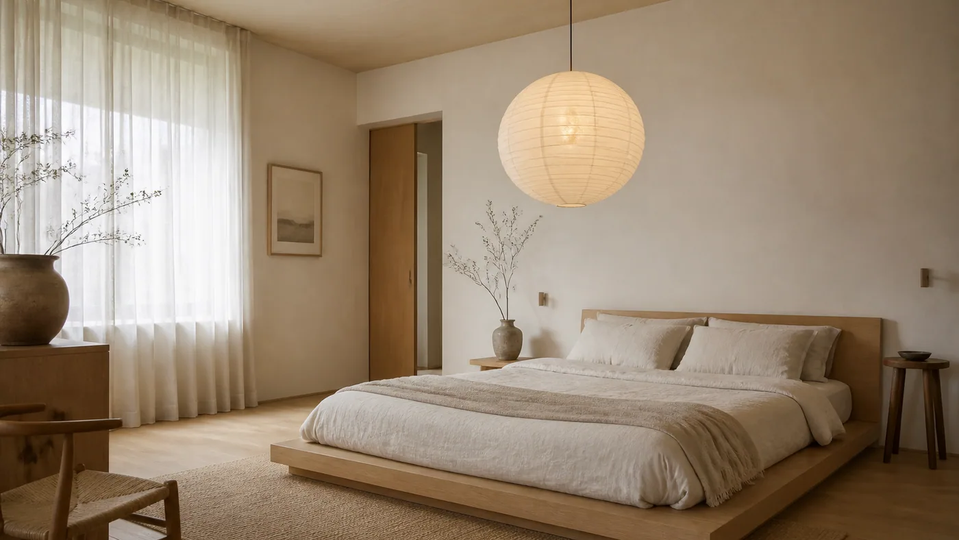 AI render of a Japandi bedroom with a low oak platform bed, oatmeal linen, a paper lantern and sheer curtains, drawn by gpt-image-2 from a six-word brief routed through GPT-6 Astra