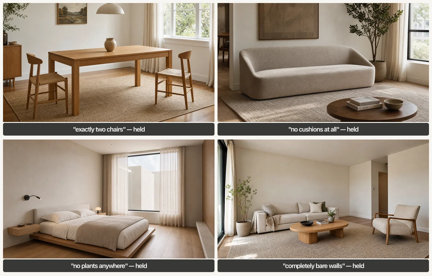 Four AI renders testing hard constraints: exactly two dining chairs, a sofa with no cushions, a bedroom with no plants and a living room with completely bare walls