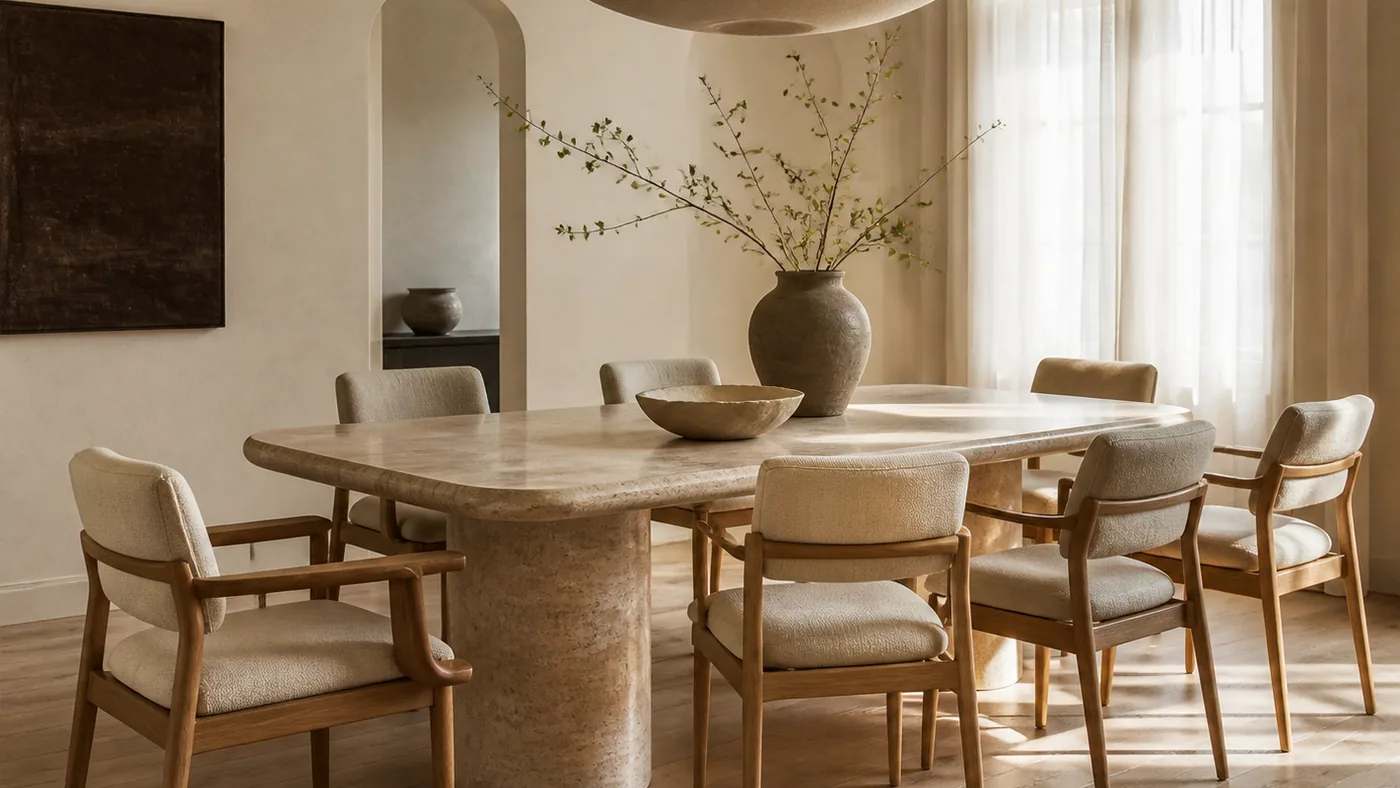 AI render of a warm minimalist dining room with a travertine table, upholstered chairs and a plaster pendant, drawn by gpt-image-2, the generation ChatGPT Images 2.5 replaces
