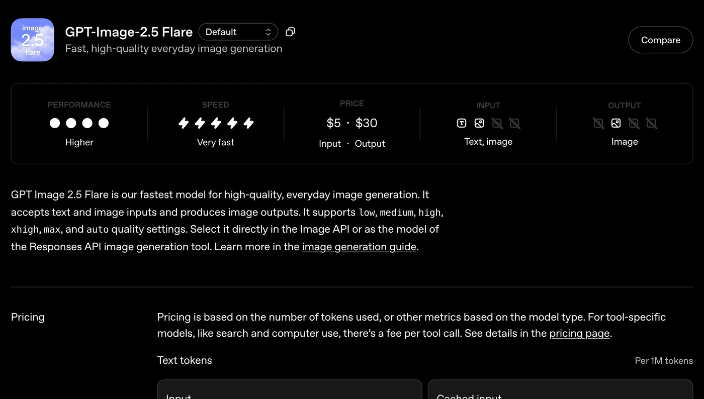 OpenAI model page for GPT-Image-2.5 Flare showing input text and image, output image, price of five dollars input and thirty dollars output per million tokens, and six quality settings