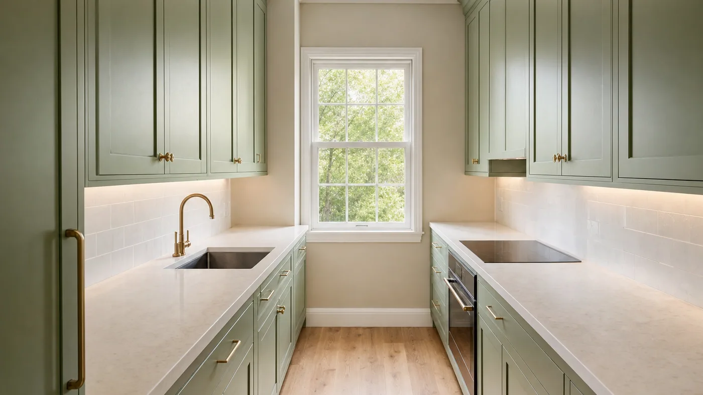 Photorealistic AI render of a narrow galley kitchen with sage-green shaker cabinets, brass hardware, white quartz worktop and a window at the end