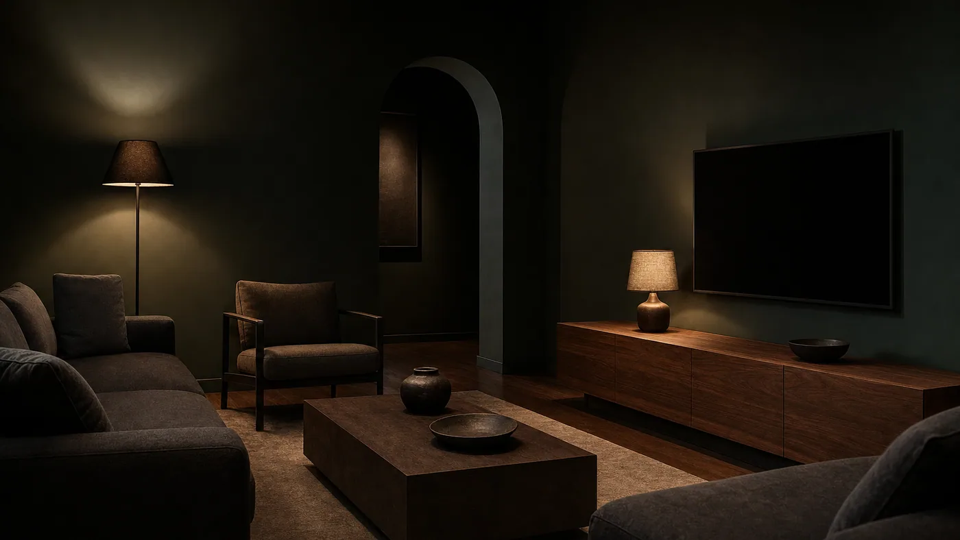 Photorealistic AI render of a moody living room with deep charcoal-green walls, a walnut media wall and an arched doorway lit only by lamps