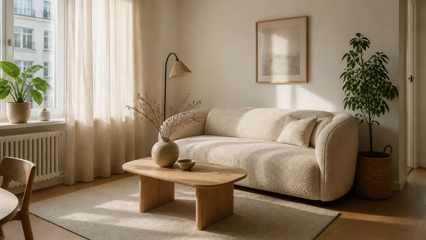AI render of a small Scandinavian living room with light oak floor, cream boucle sofa and sheer curtains in morning light