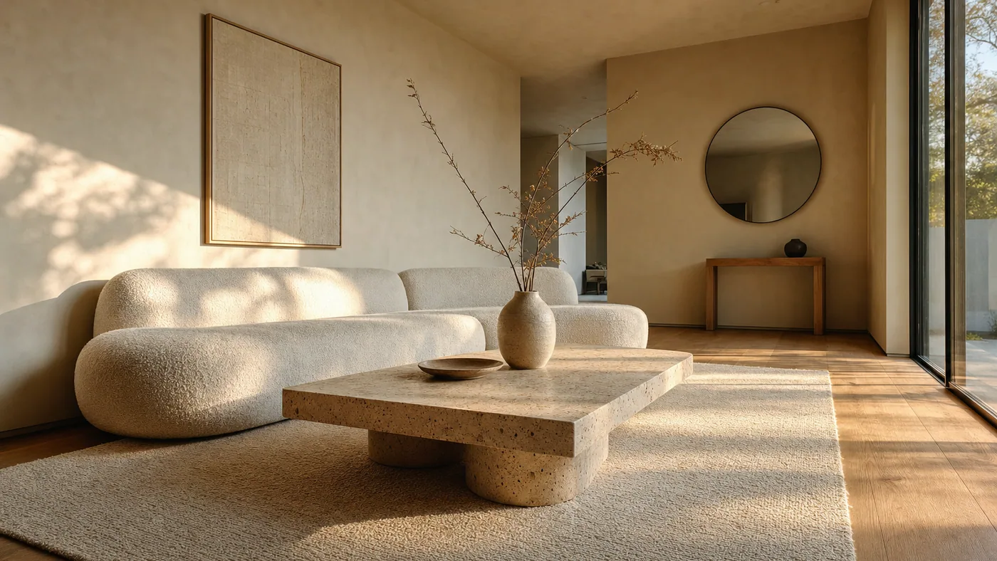 Photorealistic AI render of a warm minimalist living room with a travertine coffee table, cream boucle sofa and oak floor in late afternoon light
