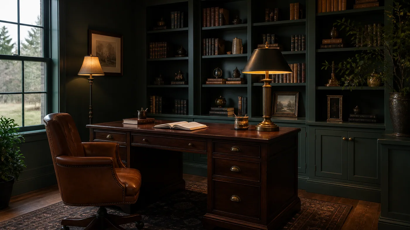 AI render of a dark green home office with built-in shelving, a walnut desk, a leather chair and brass lamps, drawn by gpt-image-2, the generation ChatGPT Images 2.5 replaces