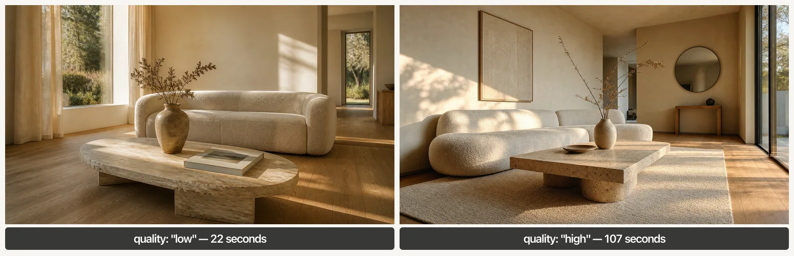 The same warm minimalist living room brief rendered at quality low in 22 seconds and at quality high in 107 seconds