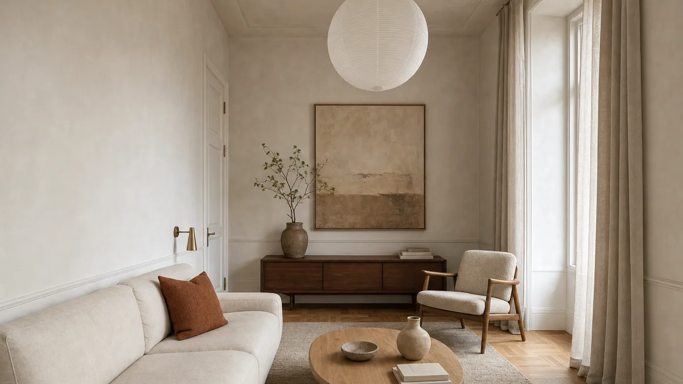 AI restyle of a real period room into a warm minimalist living room, keeping the cornice, dado rail, panelled door, paper lantern and parquet unchanged, drawn by gpt-image-2, the generation ChatGPT Images 2.5 replaces