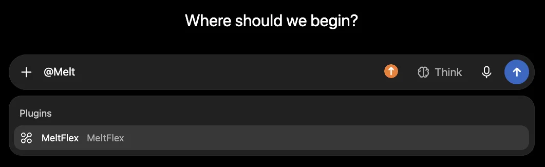 The ChatGPT message box with @Melt typed and a Plugins menu below it suggesting MeltFlex